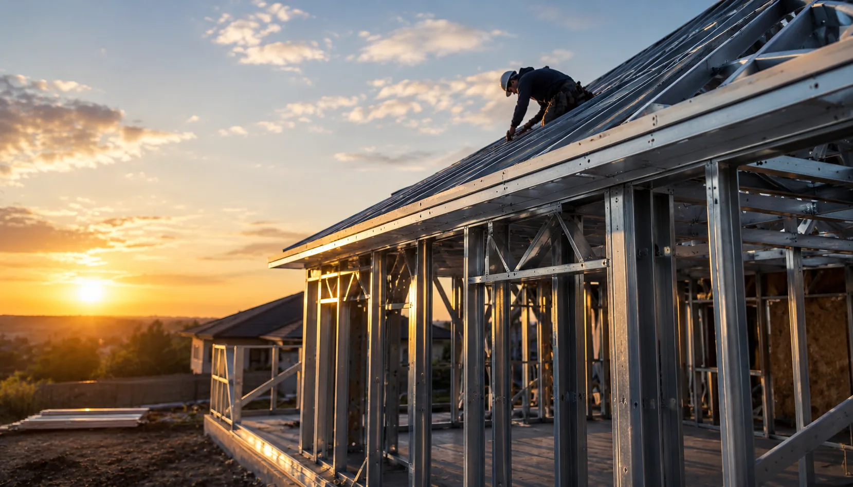 Two-story timber and steel building under construction at dusk, with workers on site